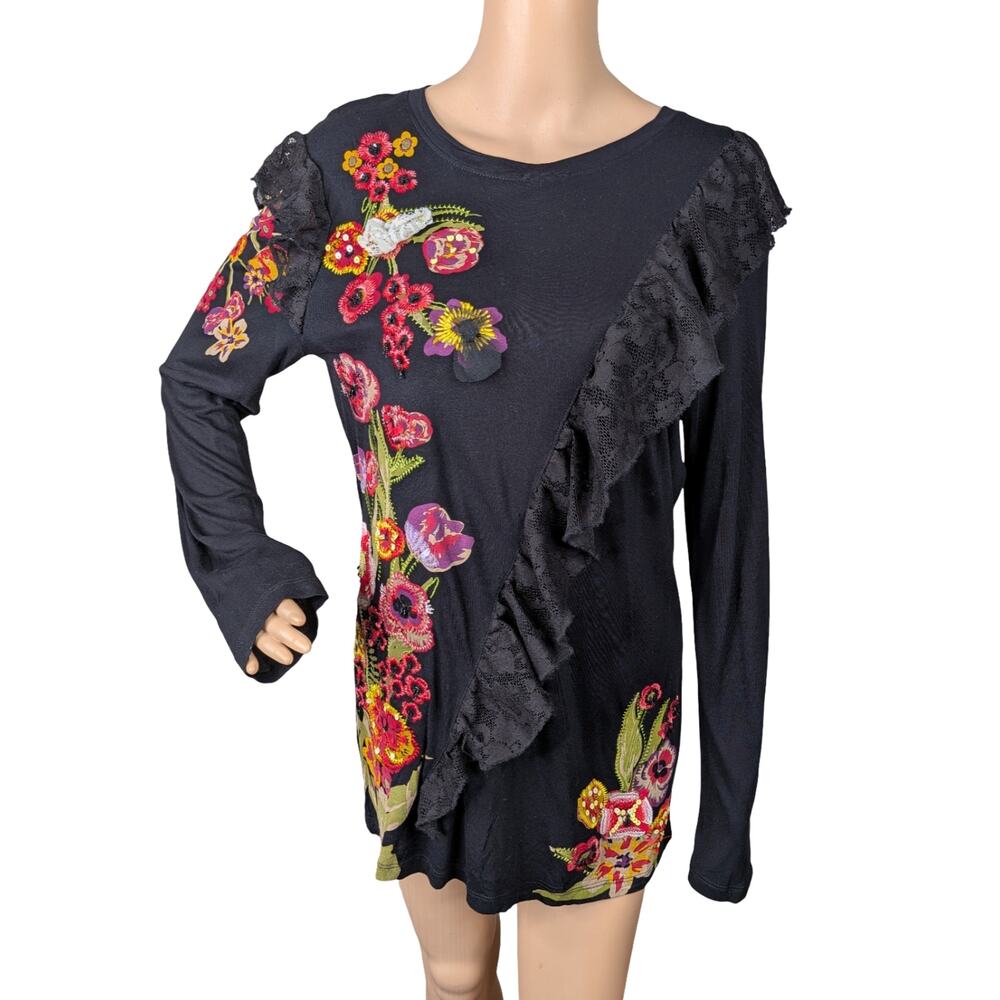Desigual Asymmetric Black Lace Ruffle Floral Sequin Beaded Top Whimsigoth Size M